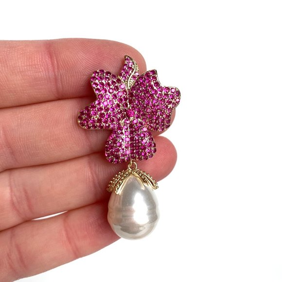 NEW ~ Anthropologie Made by Maddie Pink Travona Floral Pave Crystal & Pearl E… - Picture 8 of 16